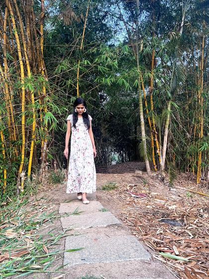 Exploring a path through a bamboo grove. The strong vertical lines and the play of light and shadow are visually striking.