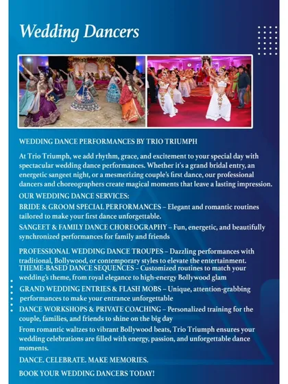 We add rhythm and grace to your special day with professional wedding dancers. We can arrange for everything from traditional troupes for a grand entry to choreographing a sangeet performance.