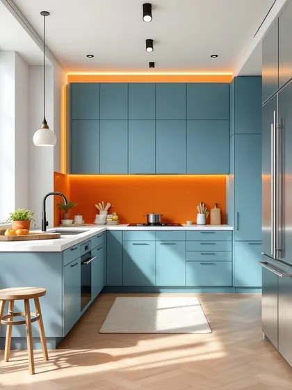 Another blue kitchen concept, this time paired with a vibrant orange backsplash. This shows how complementary colors can be used to create a high-energy, dynamic, and playful kitchen environment.
