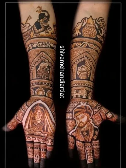 A powerful design with a black background that makes the bride and groom portraits pop. The forearms depict a doli scene and other auspicious symbols.
