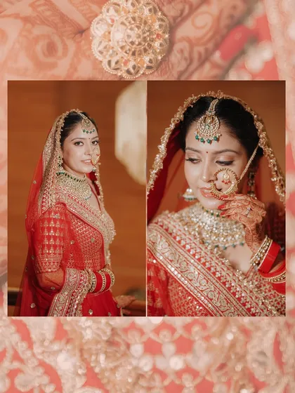 A diptych of the bride in her stunning red lehenga. These portraits showcase her traditional jewelry, including the intricate nath, and her radiant smile.