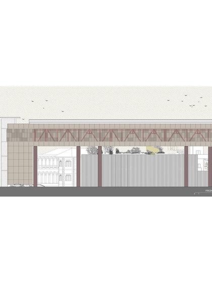The front elevation drawing for "Hoverspace" illustrates the scale of the new truss and its relationship to the existing structure and the street.