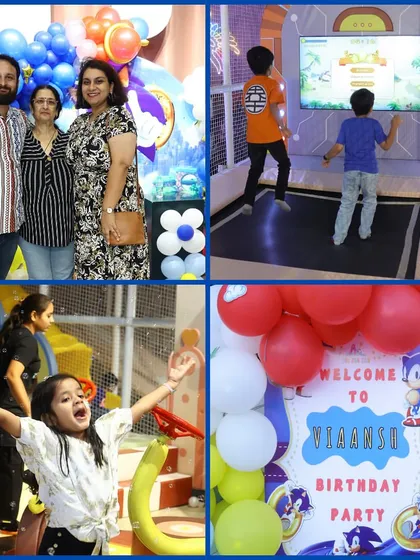 More action from the Sonic party! Kids are seen enjoying the interactive trampoline game and celebrating with a big welcome sign for the birthday boy.