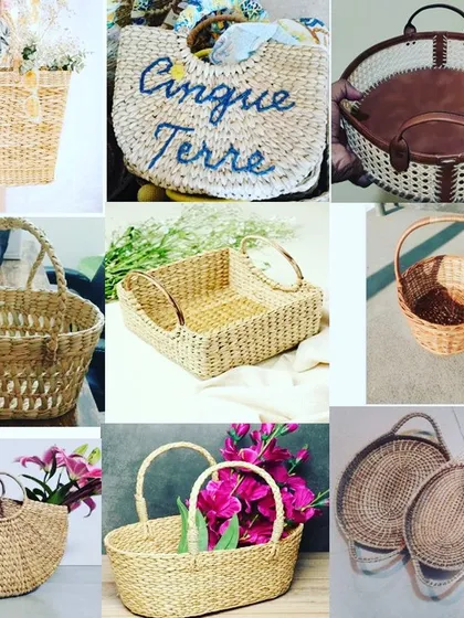 A collage displaying a wide variety of our handcrafted baskets available for purchase. It includes everything from decorative flower baskets and market totes to sturdy storage trays, all made from natural, sustainable materials.