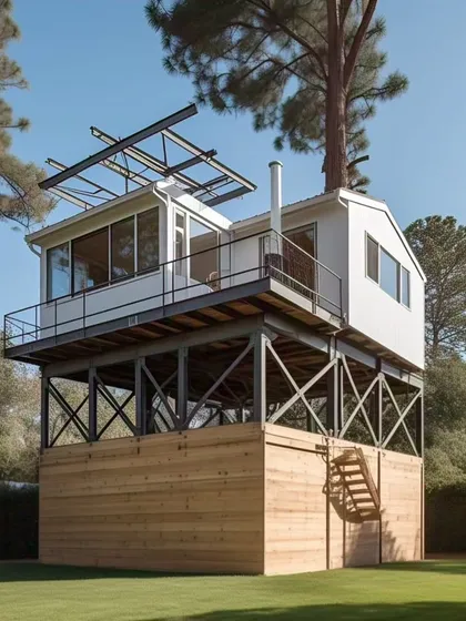 A dream idea for a prefabricated house on an elevated platform. This design is perfect for making the most of a view or building on uneven land.