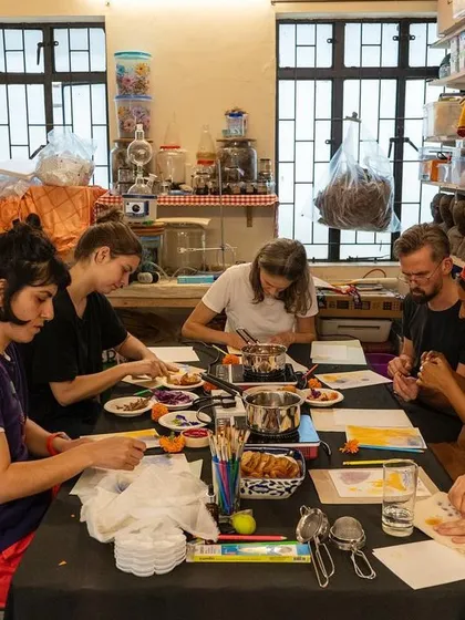 A look inside our cozy studio during a botanical ink making session. We keep our groups small and intimate, creating a friendly space where everyone can focus, learn from practicing artists, and share a laugh over lemon chai.