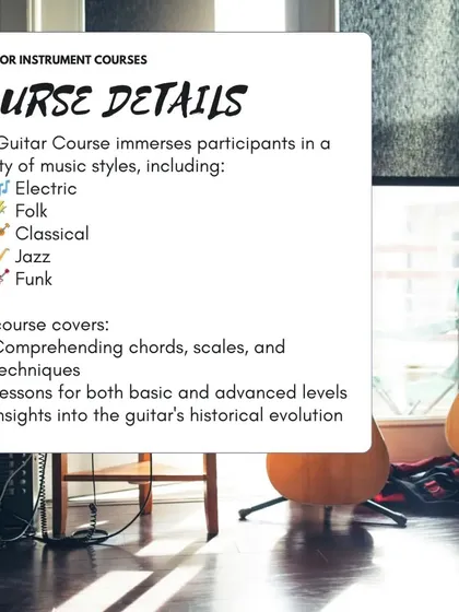 Our guitar course covers comprehending chords, scales, and techniques for both basic and advanced levels, along with insights into the instrument's history.