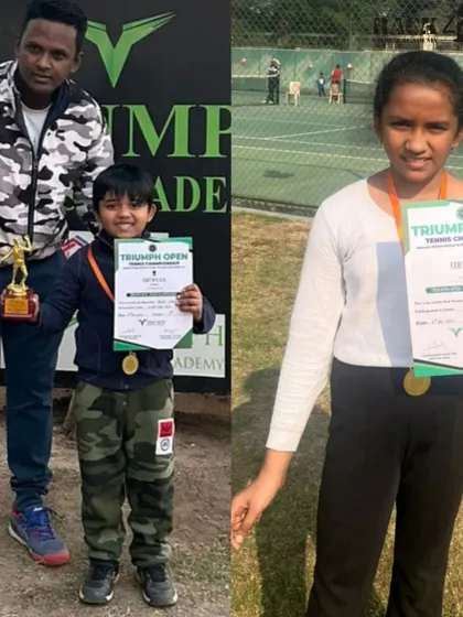 Highlighting our achievers from the Triumph Open Tennis Championship. Aryav Singh secured 3rd place in the Under-8 category, while Navya Shukla reached the quarterfinals in the Under-10s.