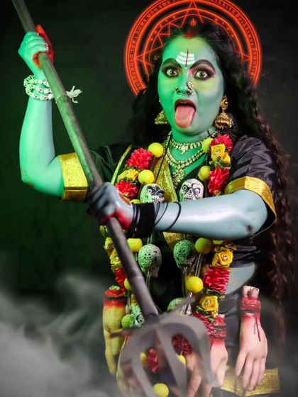 A fierce and colorful depiction of Goddess Kali, with green skin and a garland of skulls.