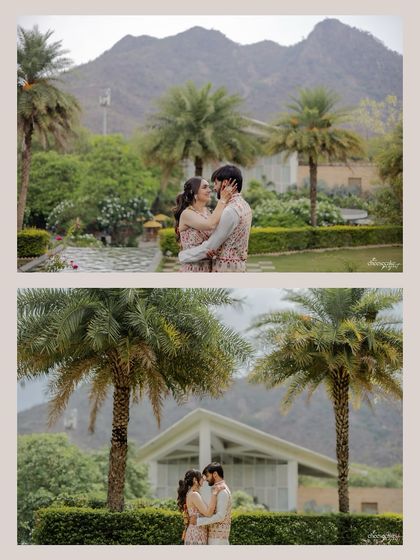 A collage showing the couple against the beautiful mountain scenery of Udaipur.
