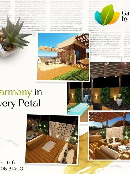 A collage of different terrace designs, highlighting our use of pergolas, water features, and creative lighting to create harmonious and beautiful outdoor spaces.