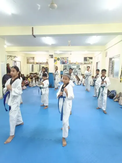 Another view of the blue belt class, focused on their stances.
