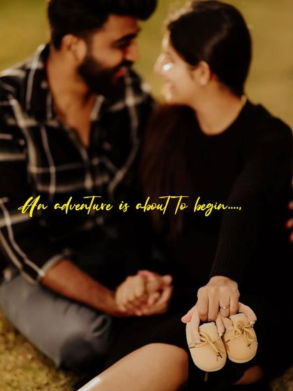 "An adventure is about to begin." This photo uses a pair of tiny baby shoes as a beautiful symbol of the new journey the couple is embarking on. It's a creative and heartfelt way to announce a pregnancy.