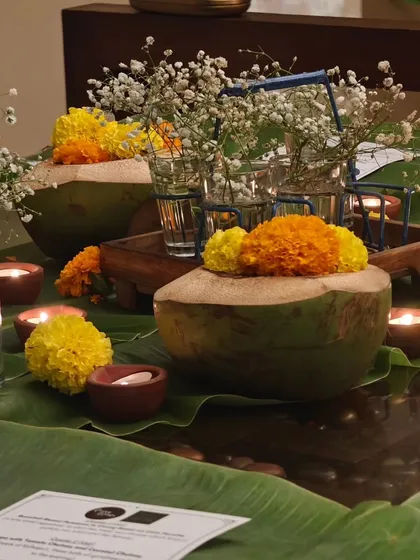 The table is set for a curated dining experience at a client's home. I bring all the elements, from the decor to the dishes, to create a restaurant-like experience in your personal space.
