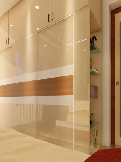 A bedroom design featuring a large sliding wardrobe with lacquered glass and a central wooden band. The open corner shelf provides space for decor.