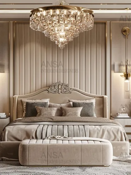 Your bedroom should be your personal sanctuary. I designed this space using a palette of soft, neutral tones, plush textures, and a magnificent crystal chandelier to create an atmosphere of pure tranquility and opulence. It’s a room designed not just for sleep, but for rest and rejuvenation.
