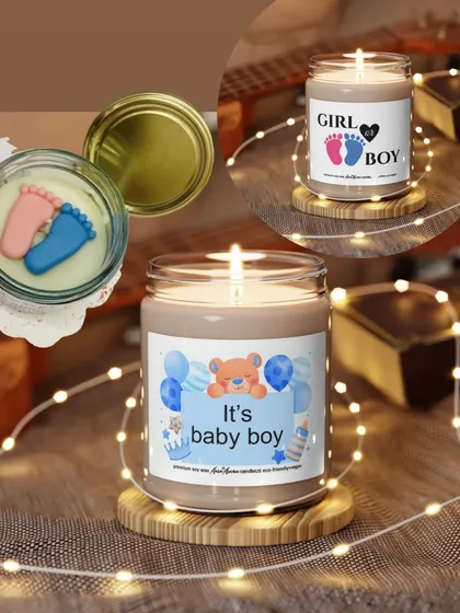 We have so many options for baby-themed candles. From custom labels for a baby boy announcement to 'Girl or Boy' gender reveal candles, we can create the perfect gift.