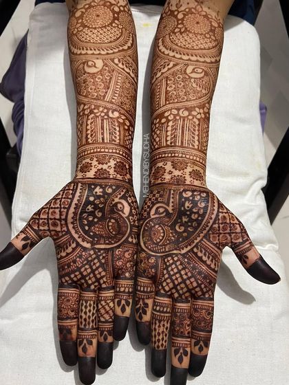 The gorgeous 24-hour stain of a full bridal mehendi, showing the deep, rich color that is the hallmark of my natural henna.