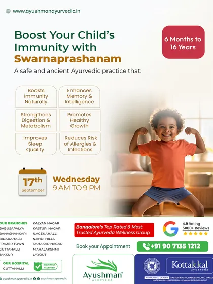 Our goal is to help your child grow up strong, healthy, and resilient. Swarnaprashanam is a key part of our pediatric wellness program, focused on building natural immunity and promoting robust physical and mental development.