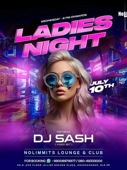 A vibrant, neon-themed poster for a Ladies' Night, promising a video set and an electric atmosphere.