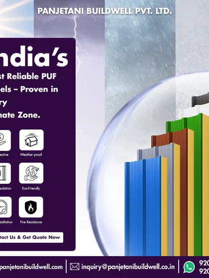 Our PUF panels are proven to perform in every climate zone across India. This graphic illustrates their key benefits, including cost-effectiveness, weather-proofing, sound insulation, and fire resistance, making them a reliable choice for any project.