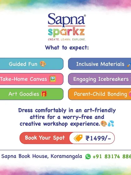 A look at what's included in our workshops: guided fun, all materials, a take-home canvas, and art goodies, all for just ₹1499.