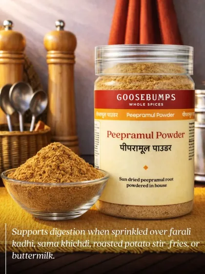 This is my Peepramul Powder, made from sun-dried peepramul root powdered in-house. It supports digestion and can be sprinkled over farali kadhi, sama khichdi, or roasted potatoes.