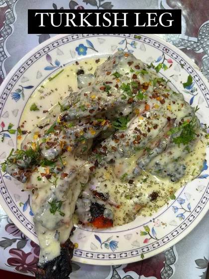 Our Tandoori Turkish Leg, a larger portion for those with a big appetite. The whole leg is marinated and cooked to perfection, then topped with our signature creamy Turkish sauce.
