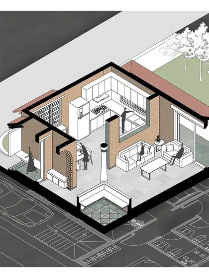 An axonometric drawing of the 'Burli' farmhouse project. This type of illustration is key to understanding the spatial arrangement and the relationship between the interior and the surrounding landscape.
