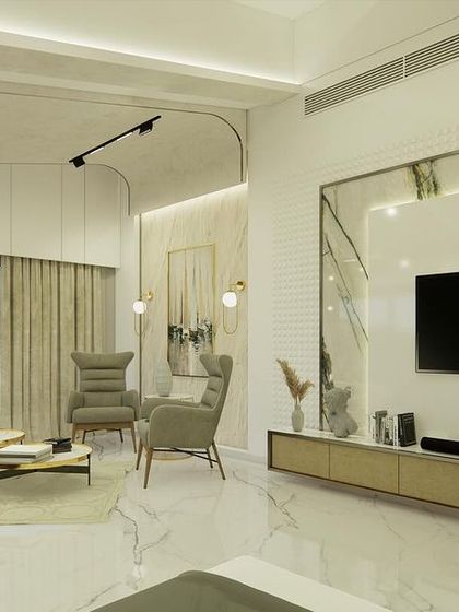 A wider view of the bedroom, showing the TV unit and the seating area together.