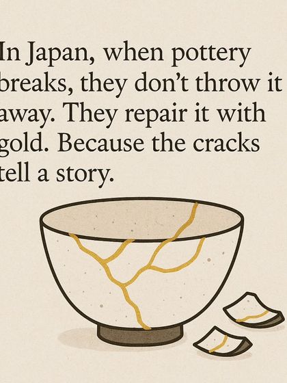 In Japan, broken pottery isn't discarded; it's honored. This graphic explains the core idea behind Kintsugi, where cracks tell a story of resilience.