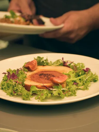 A slice of a savory terrine, served with fresh greens. A classic French preparation perfect for starting a meal.