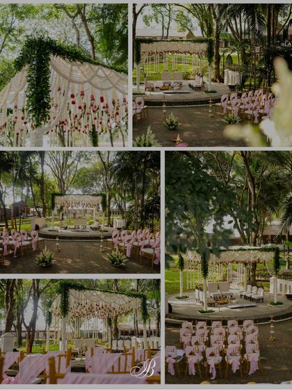 This collage provides a comprehensive look at the wedding ceremony setup. It highlights the guest seating, the aisle, and the mandap's placement within the venue's lush landscape, showing the complete design vision.
