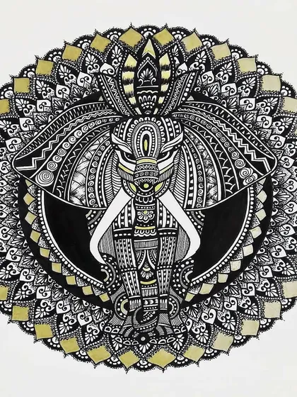 This intricate elephant mandala was a special piece I created for a friend. It combines traditional mandala patterns with a central animal motif, showing how we can bring personal themes into this beautiful art form.