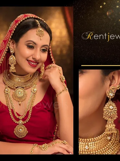 This beautiful South Indian gold-plated necklace set is perfect for a traditional wedding. The set includes a choker and a longer temple-style necklace, along with matching jhumkas and other accessories.