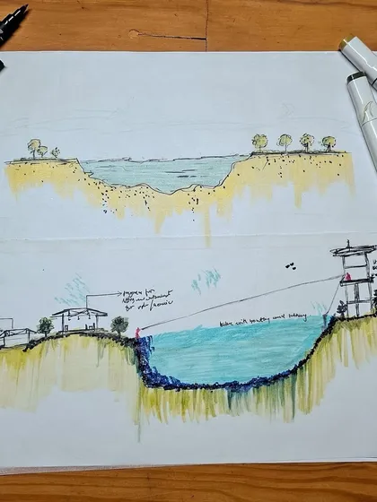 Further development of the lakefront concept, this sketch refines the placement of structures and access points. It illustrates our thinking on how to connect the site to its surroundings and create a functional flow for visitors.