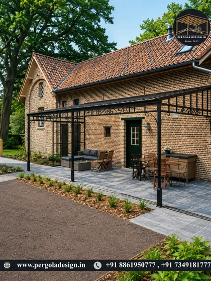 A simple, rustic-style pergola attached to a brick farmhouse. This lean-to structure provides a charming and functional covered patio area for outdoor dining.
