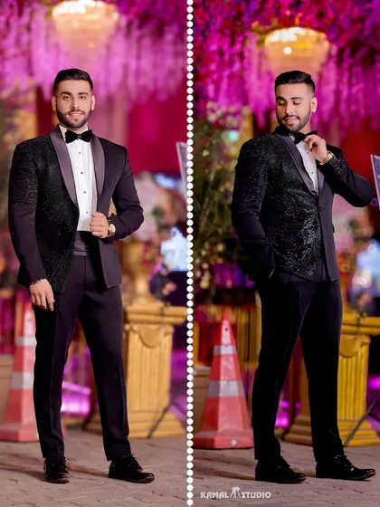 A diptych of the groom in his classic black tuxedo, looking sharp and confident for his engagement party.