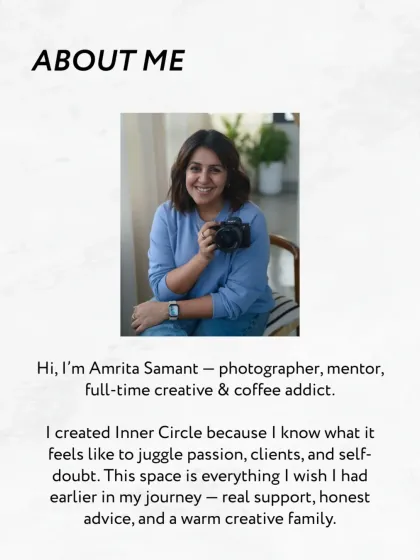 An "About Me" slide explaining why I created the Inner Circle, describing it as the supportive space I wish I had in my journey.