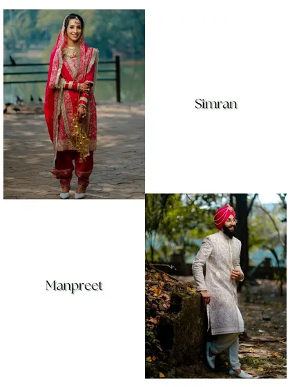 Simple, elegant solo portraits of the bride and groom, Manpreet and Simran, showcasing their individual style on their wedding day.