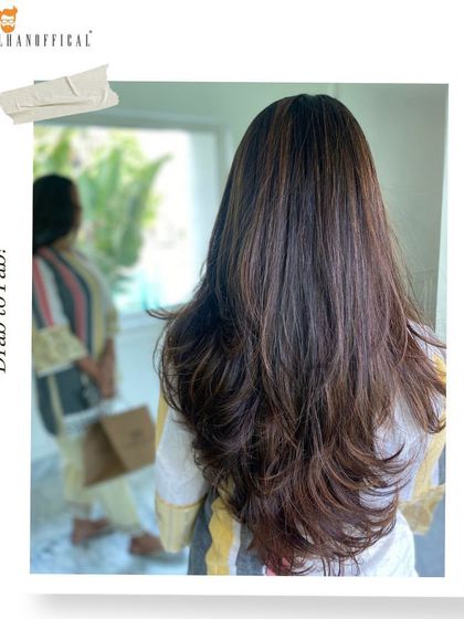 From the back, you can really appreciate the depth and dimension of this mocha balayage. The layers in the cut help the different tones stand out.