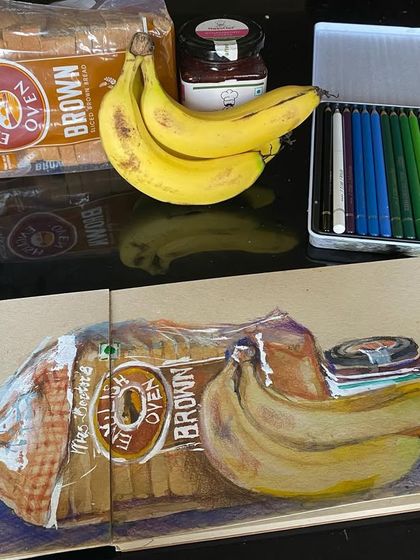 The setup for my Sunday morning sketch. The actual objects next to my finished mixed media piece, showing how I translate real life onto the page.