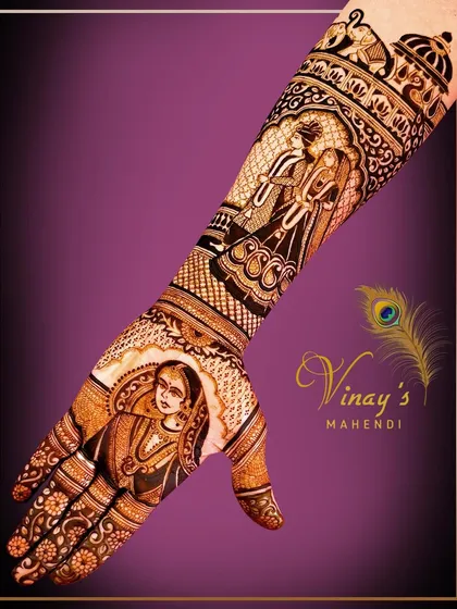 This full-arm bridal design features a beautiful bride portrait on the palm and a varmala scene on the forearm, telling a story of love and commitment.