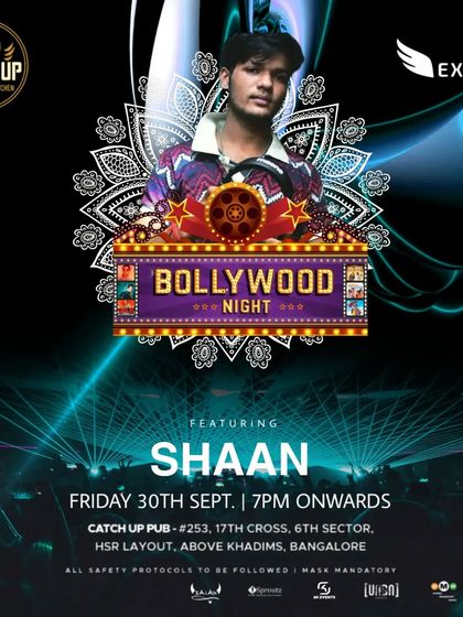 A poster for a Bollywood Night at Catch Up in HSR Layout, a classic Friday night party.