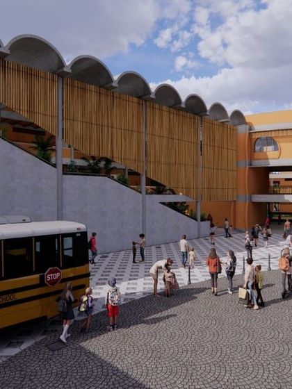 These renderings show the overall architectural vision for Urban Gurukul in Bangalore. The design uses organic forms and natural materials to create a K-12 school that feels rooted in its cultural heritage while providing modern, flexible learning spaces for students.