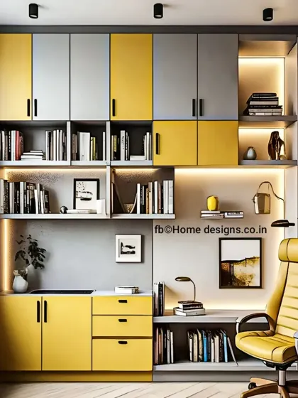 This compact home office design uses a bold yellow and grey color scheme to create an energetic and inspiring workspace. The unit combines open bookshelves, closed cabinets, and a comfortable desk area.