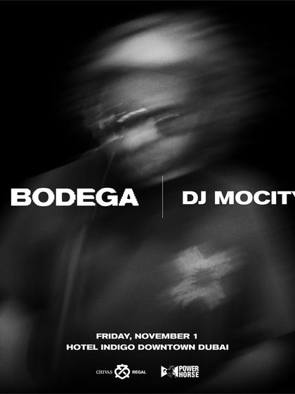 The poster for my gig at Bodega in Downtown Dubai. The moody, blurred aesthetic reflects the underground, cutting-edge sound I can bring to a set.