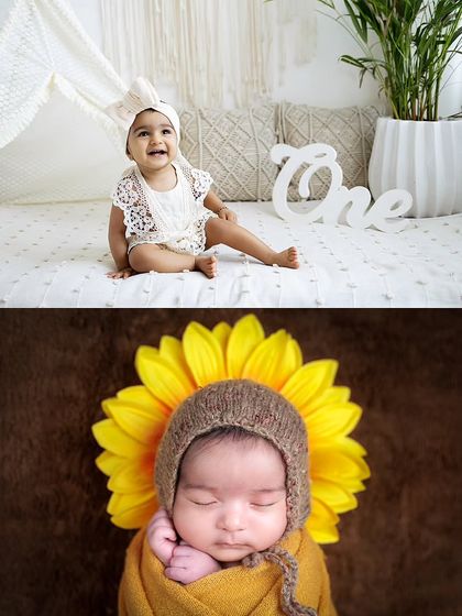 Another beautiful "Then vs Now" collage, showcasing the journey from a tiny newborn to a curious one-year-old. I love capturing these milestone progressions.