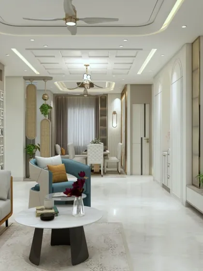 A wide view of a luxurious 3BHK living room in Hiranandani Estate, Thane. The space is designed with a mix of textures, from the TV wall to the furniture, creating a rich and inviting atmosphere.