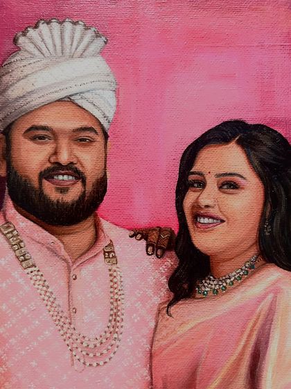 A detailed close-up of the wedding couple. I pay close attention to the intricate details of clothing, jewelry, and expressions to make the portrait perfect.